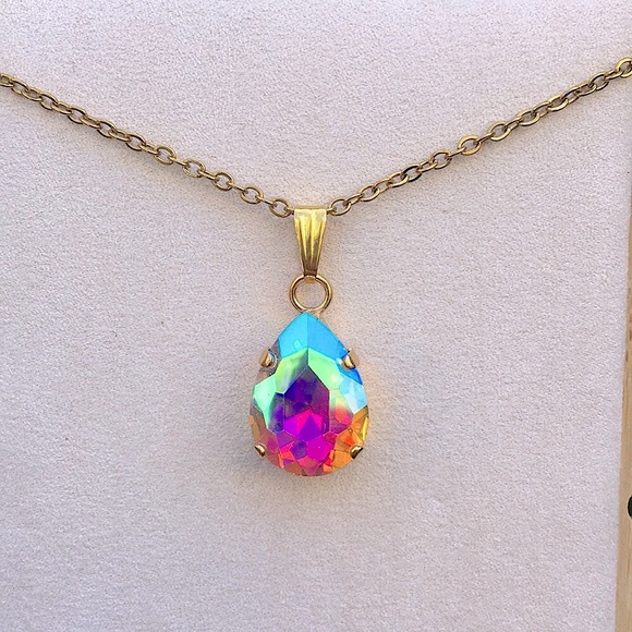 Jewelry - Aurora Borealis + Gold Pear Crystal Drop Pendant Necklace